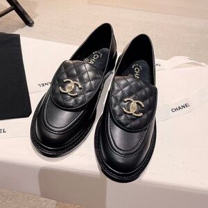 Chanel Black Quilted Leather Loafers with Gold CC Emblem